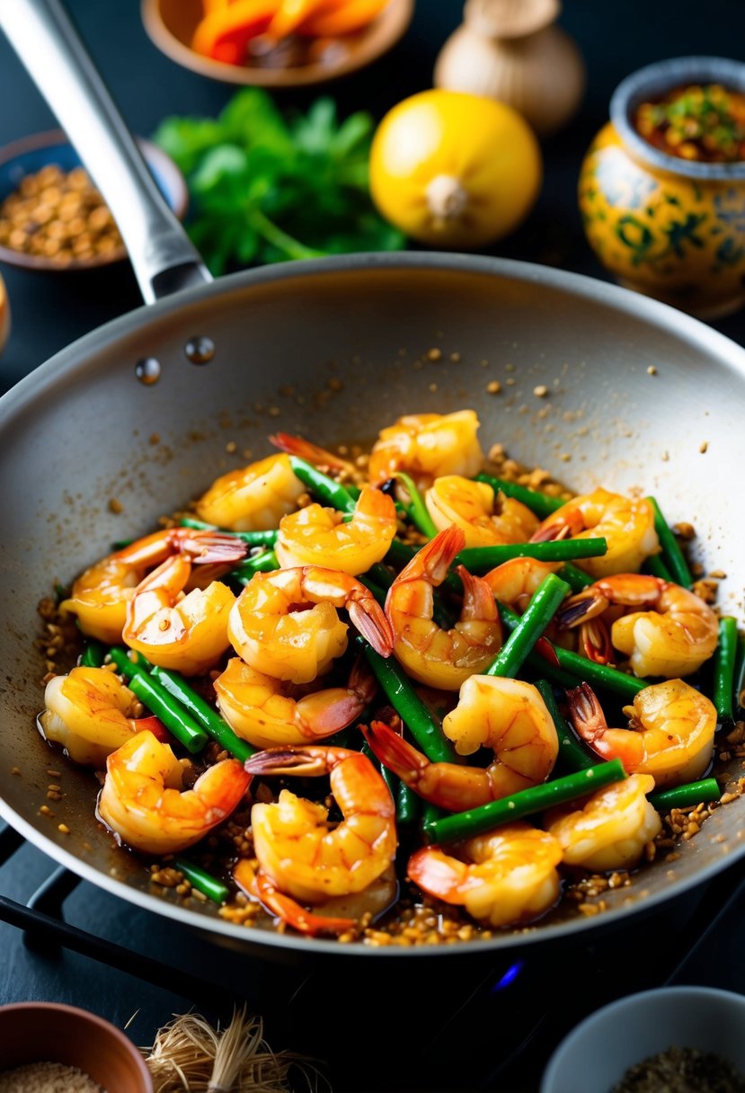 A sizzling wok filled with honey ginger prawn stir-fry, surrounded by vibrant Asian ingredients and aromatic spices