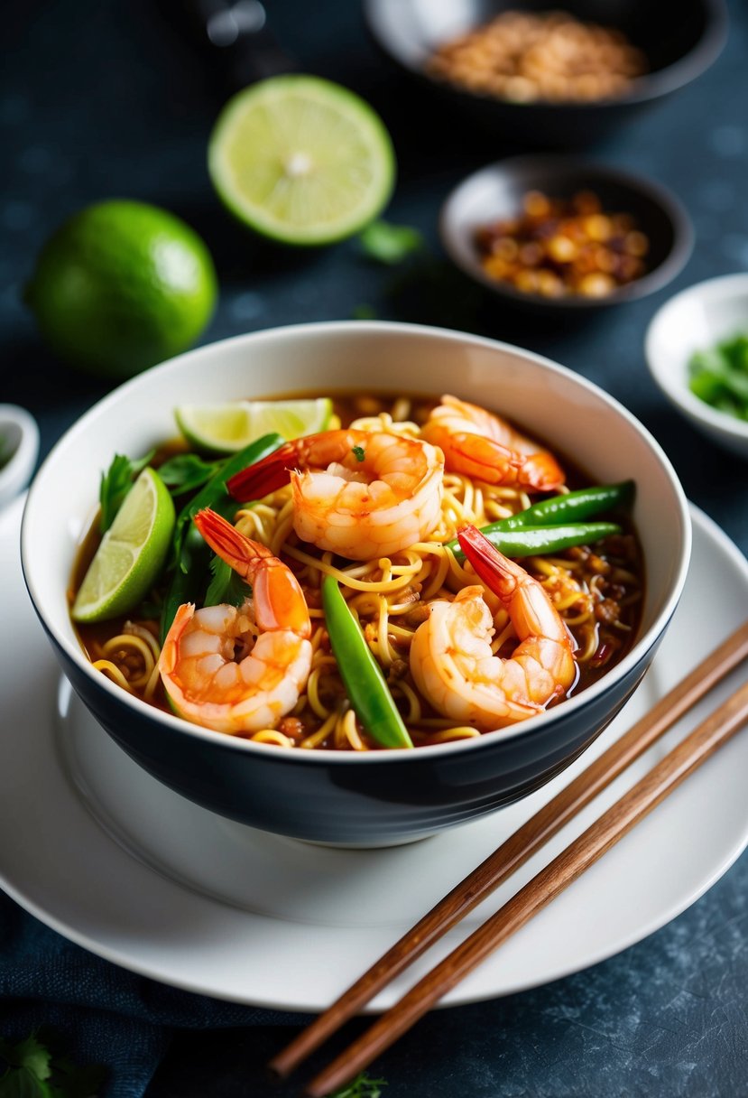 A steaming bowl of chili lime prawn noodles with vibrant Asian spices and fresh prawns