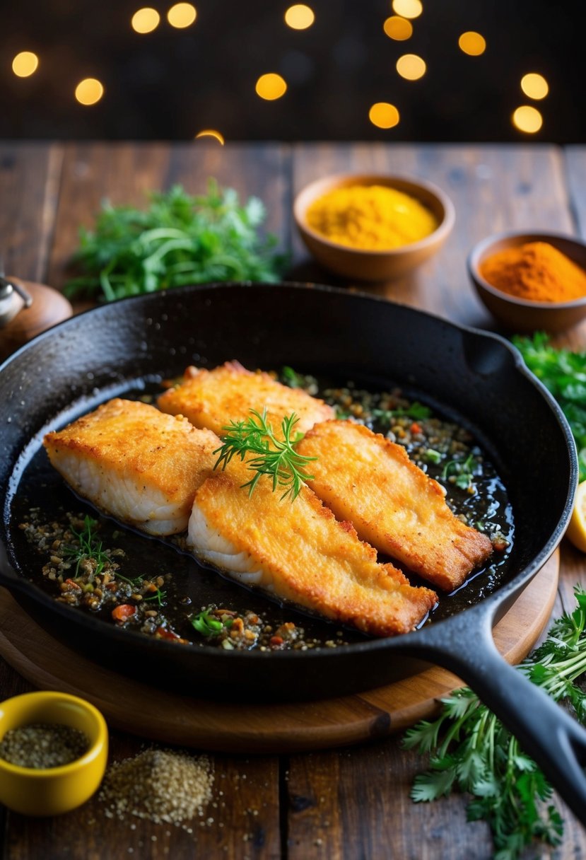 A golden-brown fried red snapper fillet sizzling in a skillet, surrounded by colorful herbs and spices