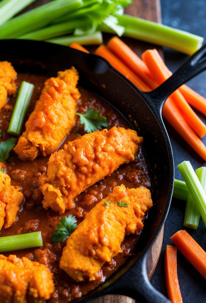 A sizzling skillet of buffalo chicken tenders, coated in spicy sauce, surrounded by a colorful array of celery and carrot sticks