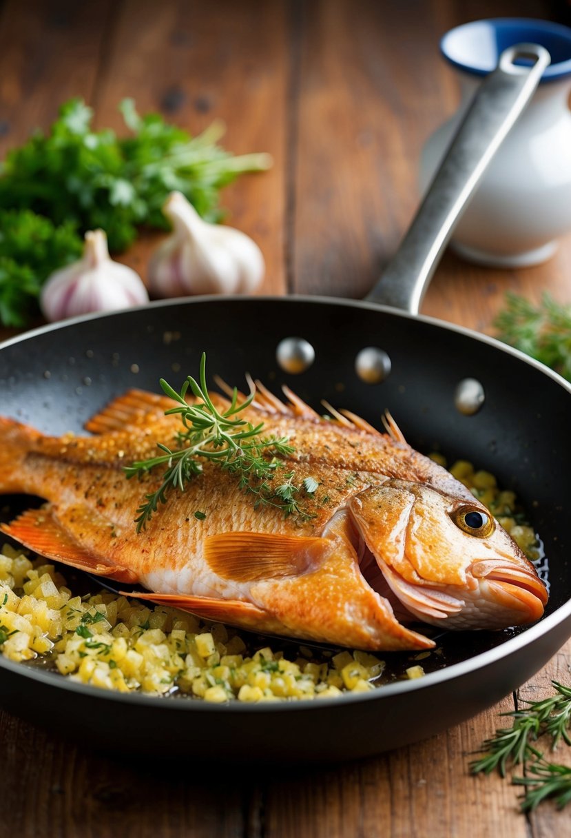 A golden-fried red snapper, sizzling in a pan with aromatic garlic and herbs