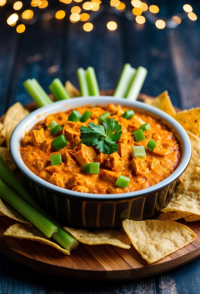 A bubbling dish of buffalo chicken dip, surrounded by celery sticks and tortilla chips on a wooden serving platter