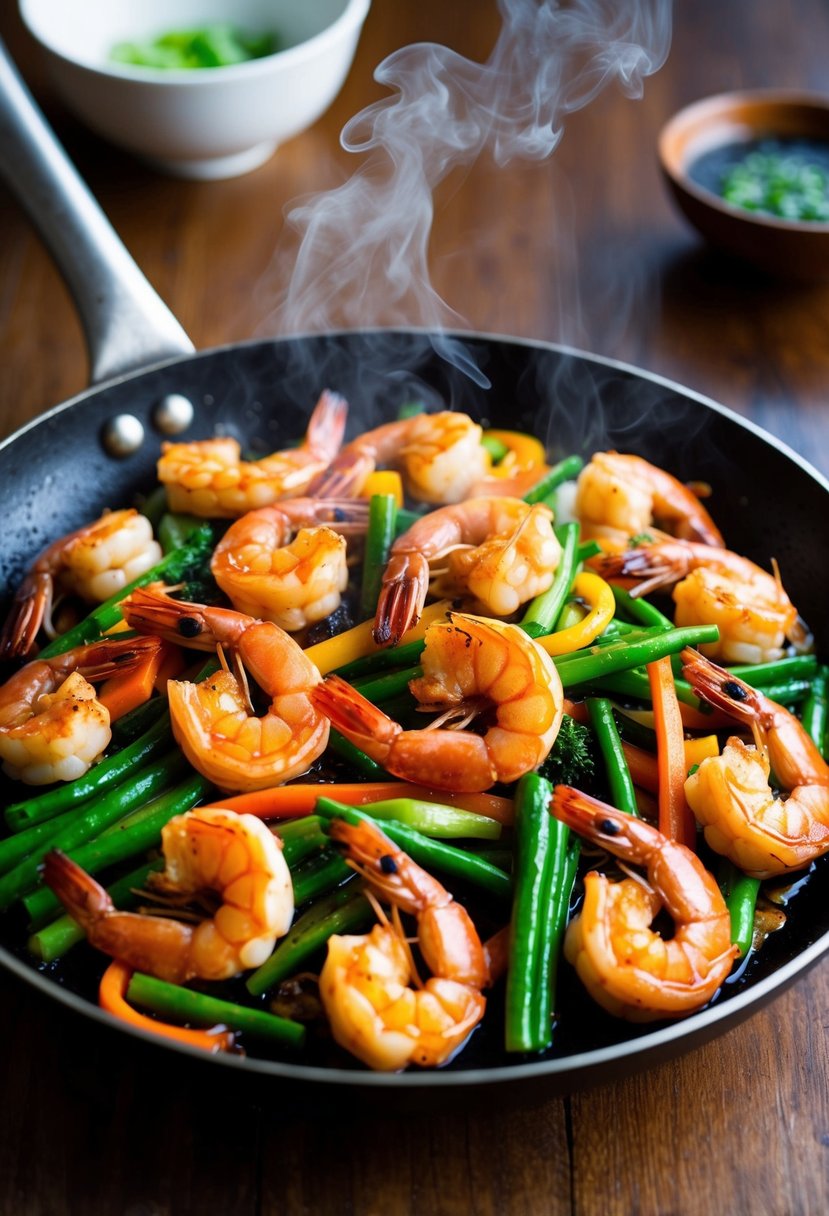 A sizzling skillet of teriyaki prawns and colorful stir-fried vegetables, steaming and fragrant