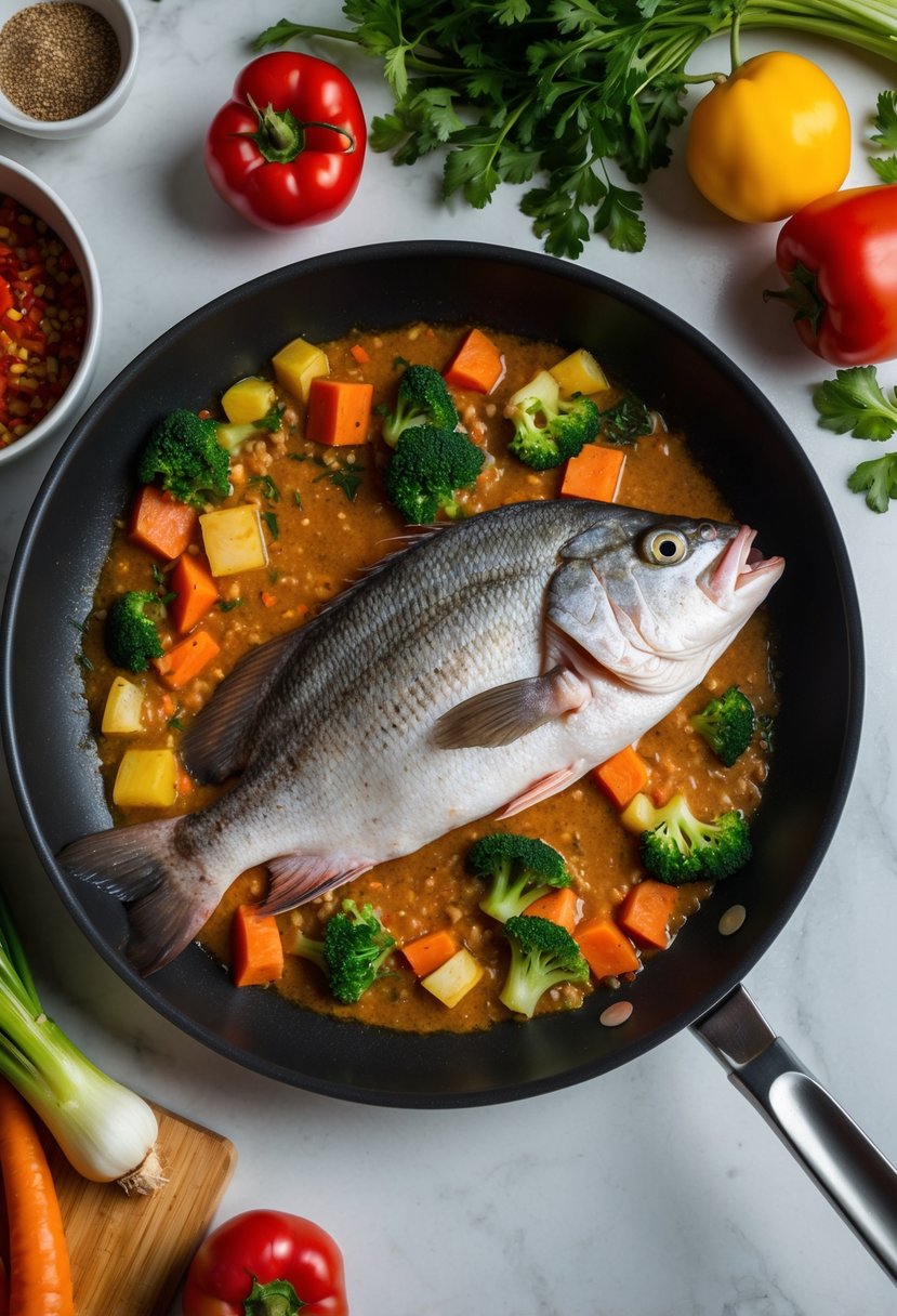 A whole red snapper sizzling in a frying pan with colorful vegetables and spices surrounding it