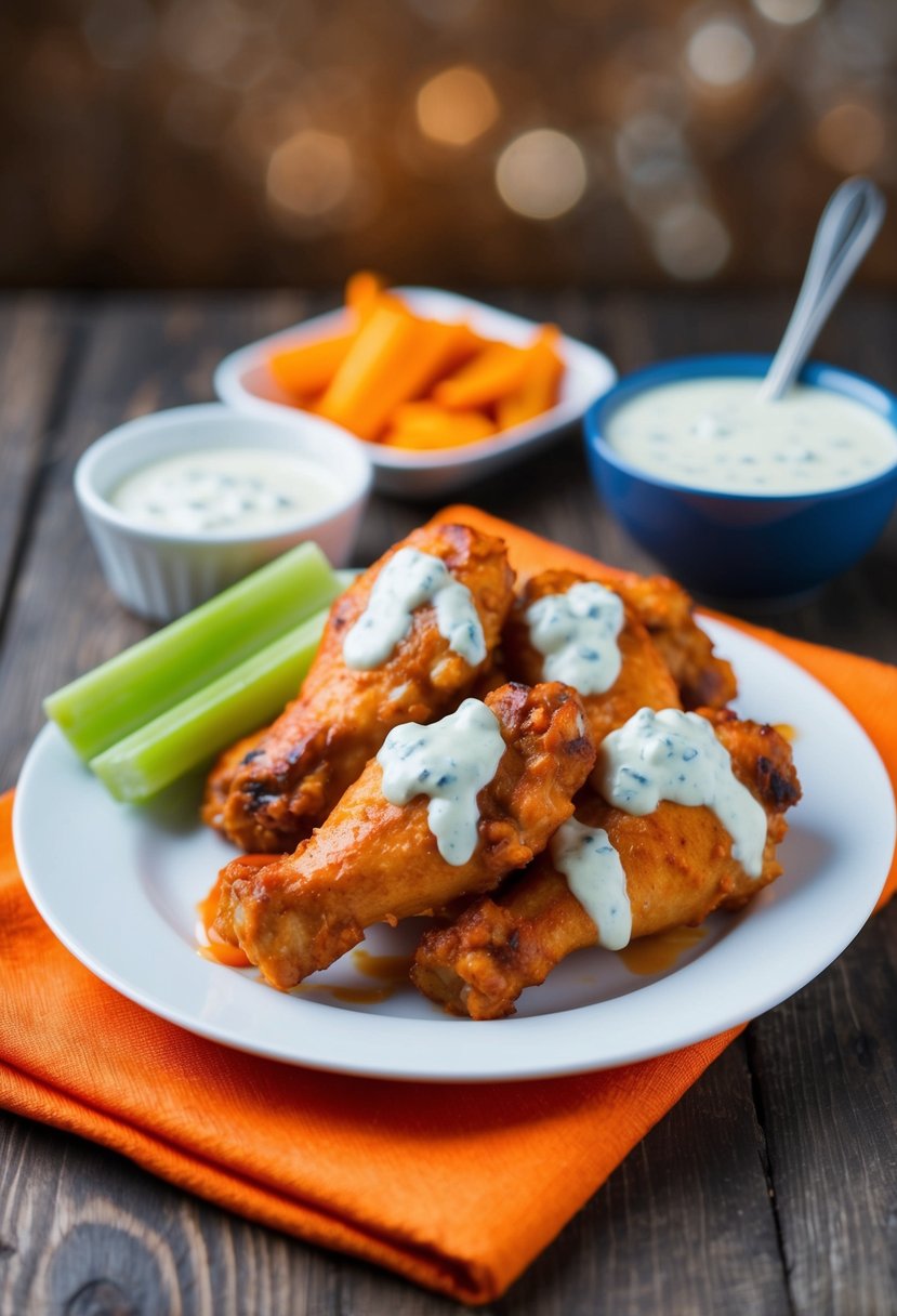 A plate of sizzling Buffalo chicken wings with a side of celery and blue cheese dressing