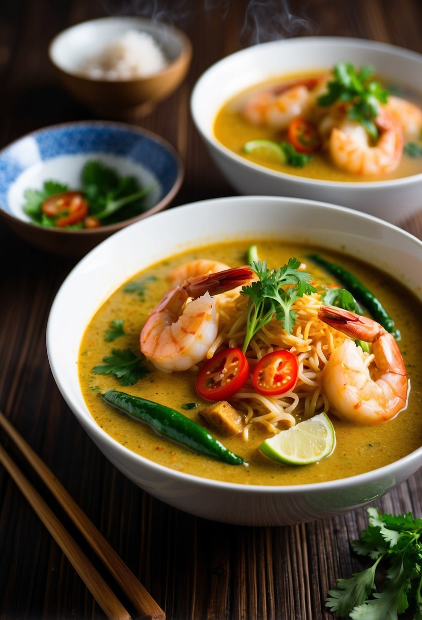 A steaming bowl of Coconut Curry Prawn Laksa with vibrant Asian spices and succulent prawns, garnished with fresh herbs and chili slices