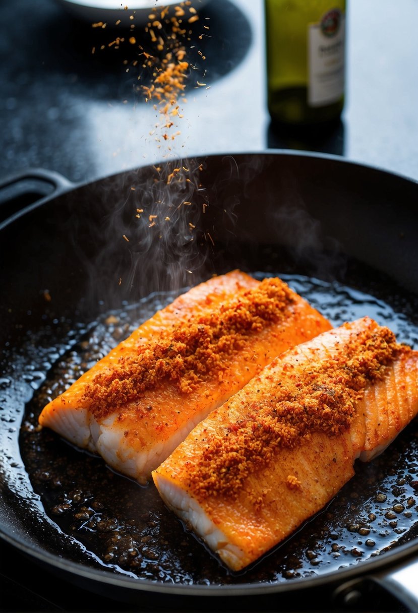 A sizzling red snapper fillet coated in spicy Cajun seasoning frying in a hot skillet, releasing a mouthwatering aroma