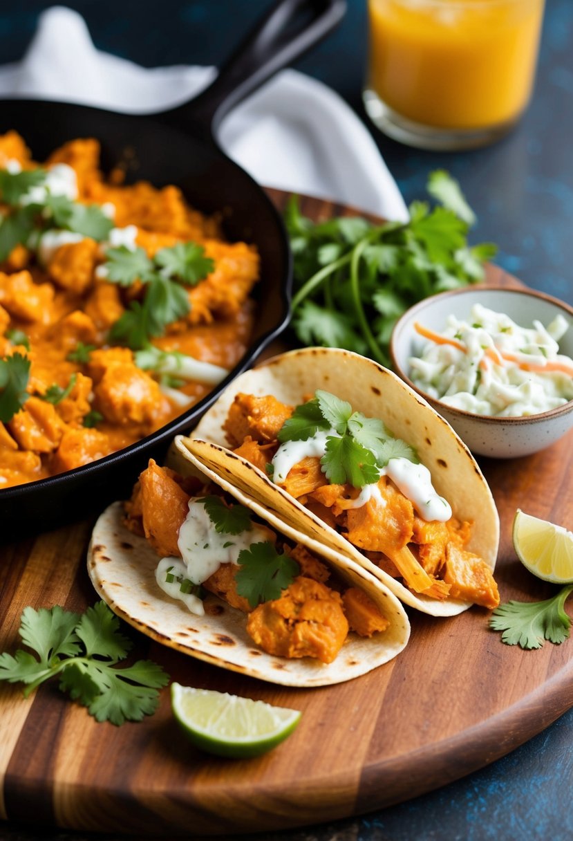 A sizzling skillet of buffalo chicken tacos with a side of creamy coleslaw and a sprinkle of fresh cilantro on a wooden serving board