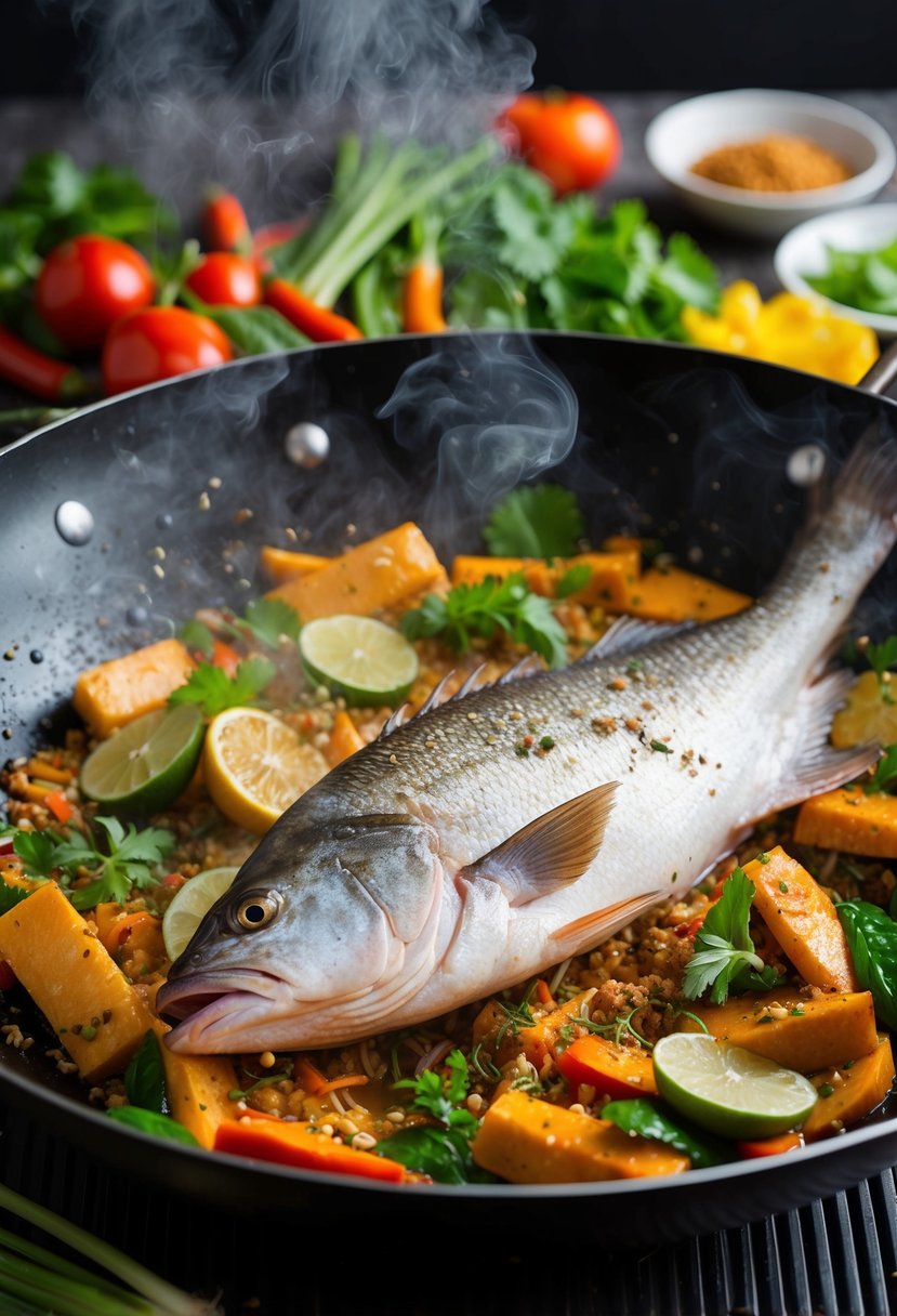 A whole red snapper sizzling in a wok with Thai-style spices and herbs, surrounded by colorful vegetables and aromatic steam rising