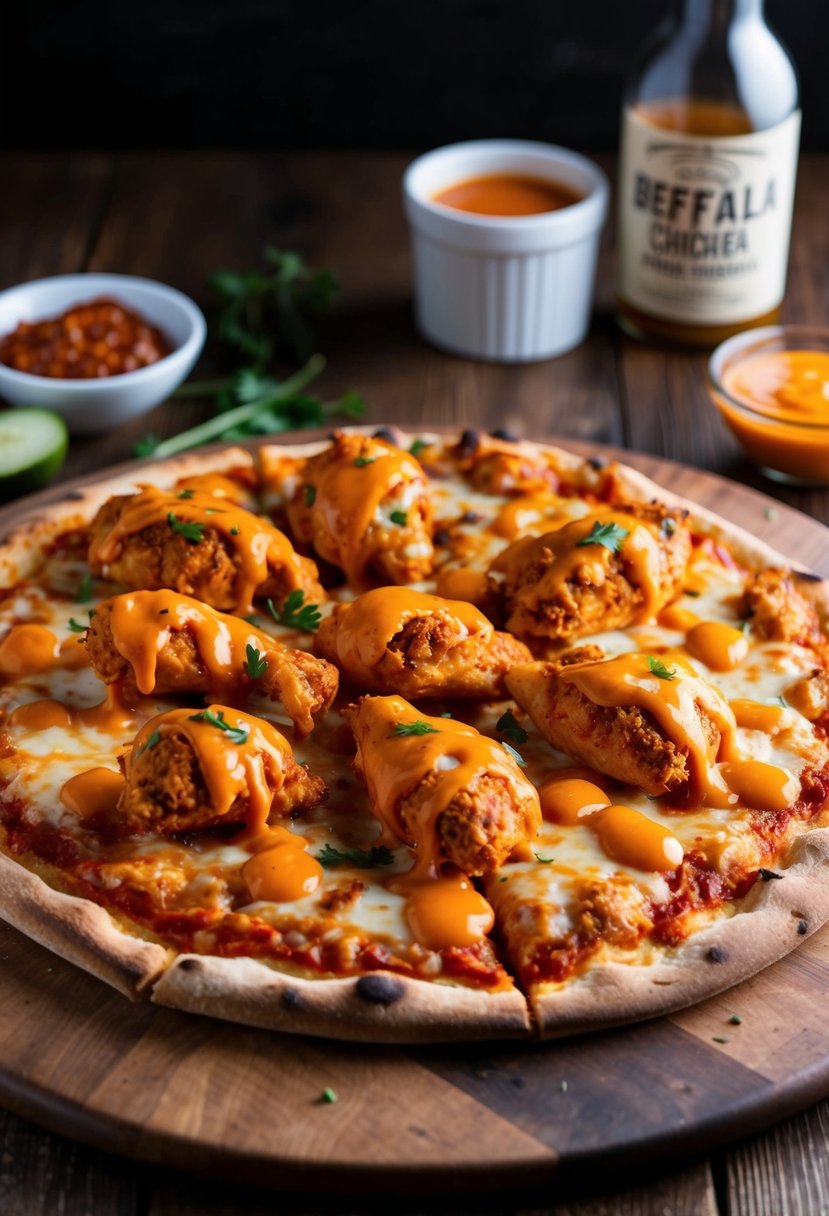 A hot buffalo chicken pizza, topped with spicy chicken, melted cheese, and drizzled with tangy buffalo sauce, sits on a rustic wooden pizza board