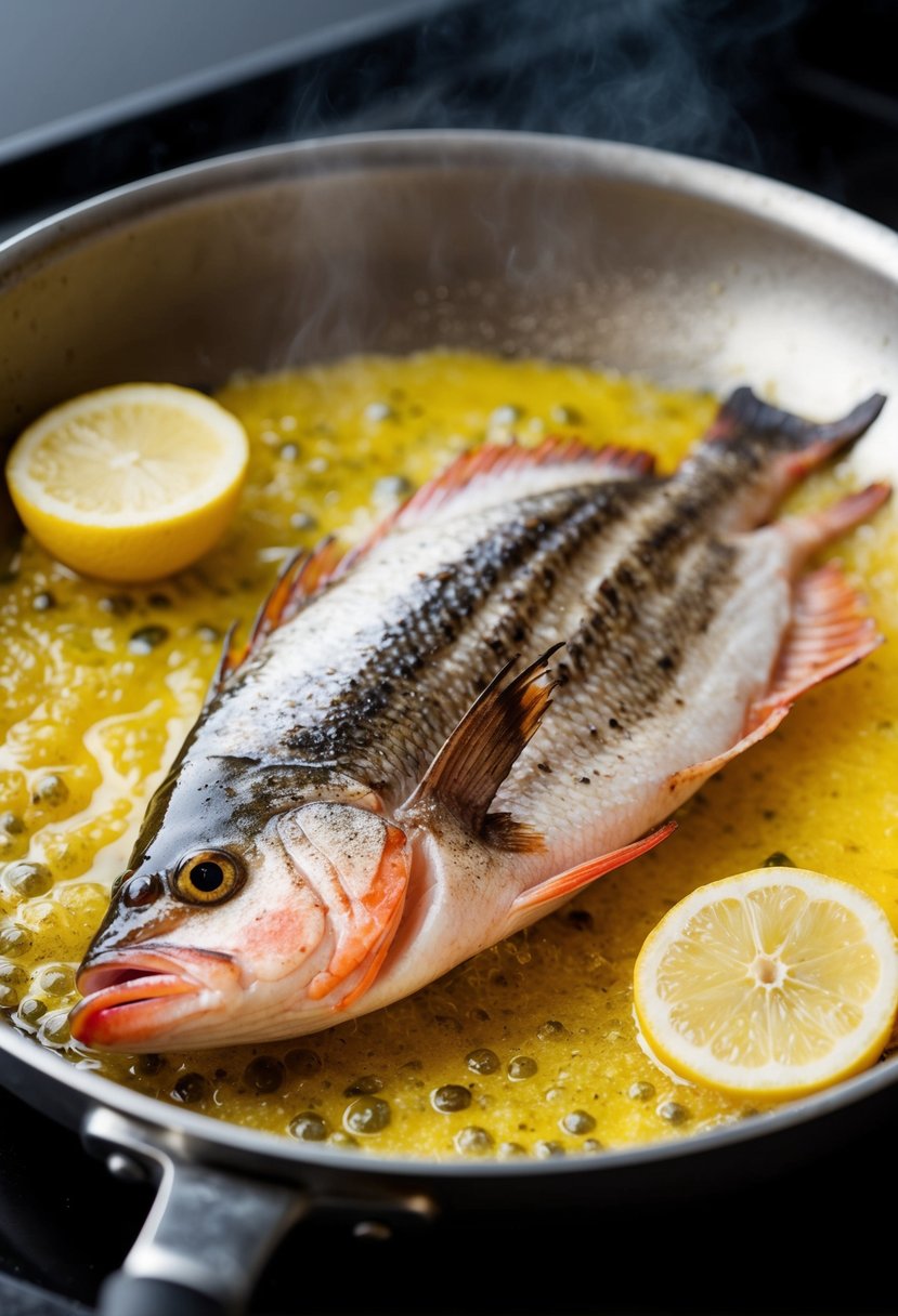 A sizzling red snapper fillet frying in a pan of bubbling lemon butter