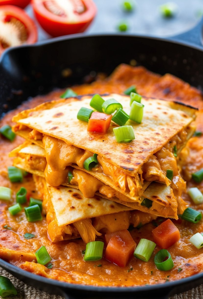 A sizzling skillet with golden-brown buffalo chicken quesadillas, oozing with melted cheese and topped with diced tomatoes and green onions