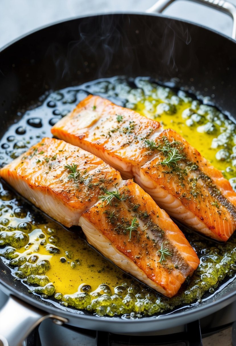 A sizzling skillet holds a golden-brown red snapper fillet, surrounded by bubbling oil and a sprinkle of herbs