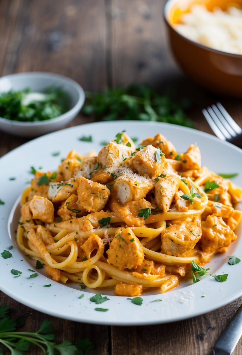 A steaming plate of buffalo chicken pasta with creamy sauce and chunks of tender chicken, garnished with fresh herbs and a sprinkle of parmesan cheese