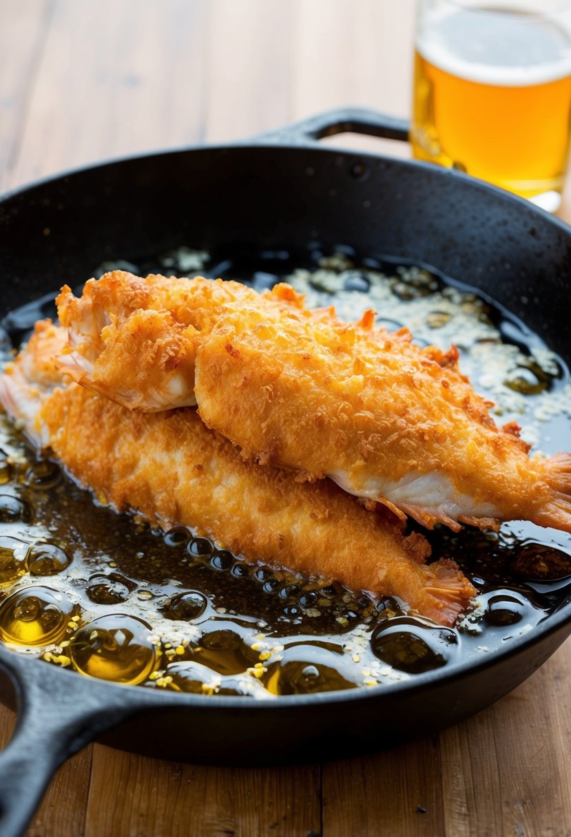 A sizzling beer-battered red snapper frying in a golden-brown crust, surrounded by bubbling oil in a cast-iron skillet