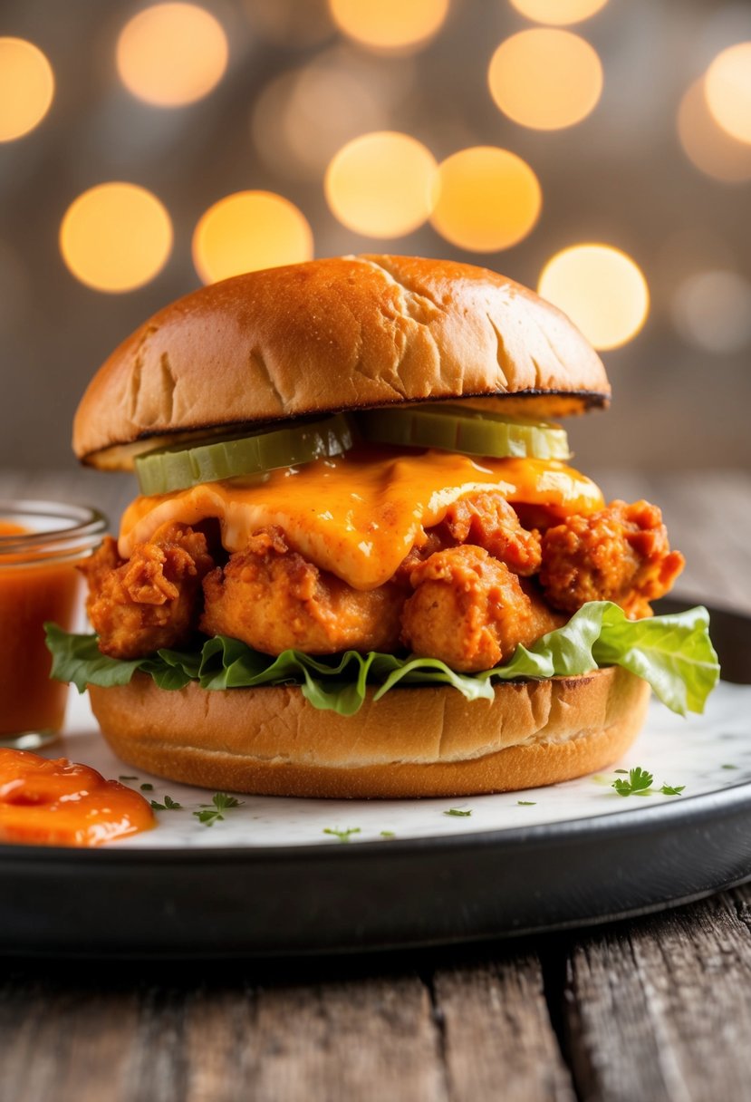 A sizzling buffalo chicken sandwich with melted cheese, lettuce, and a side of hot sauce, served on a toasted bun