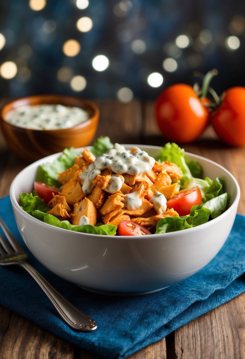 A bowl of buffalo chicken salad with lettuce, tomatoes, and blue cheese dressing on a wooden table