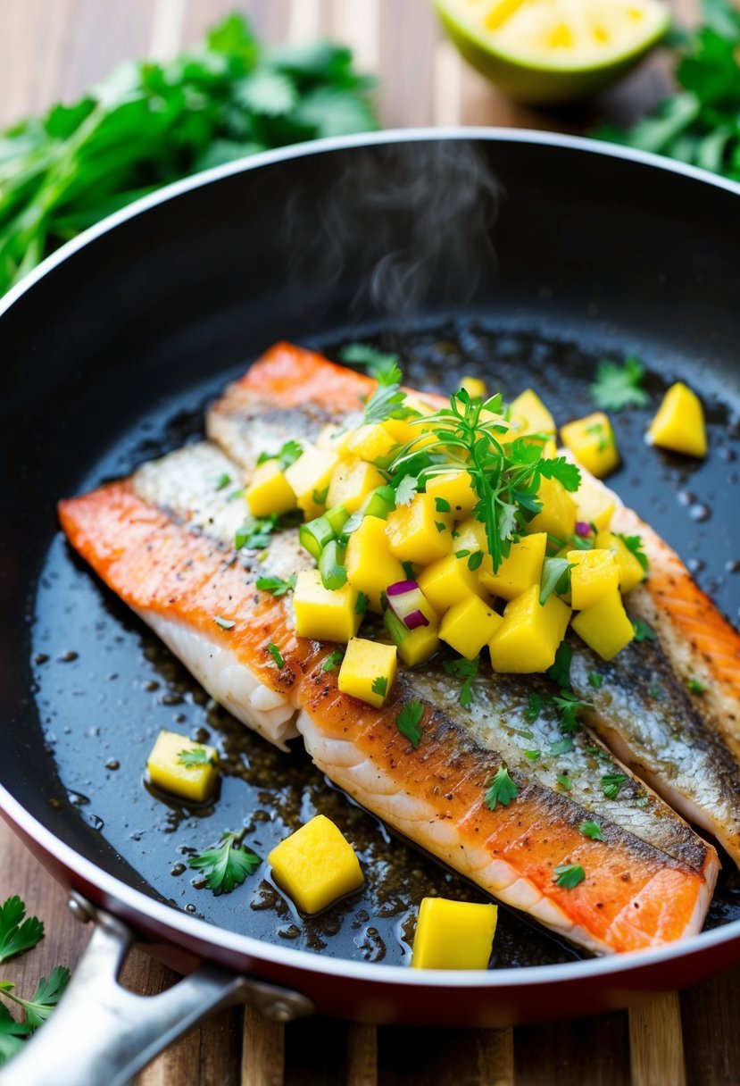 A red snapper fillet sizzling in a pan, topped with vibrant mango salsa and garnished with fresh herbs