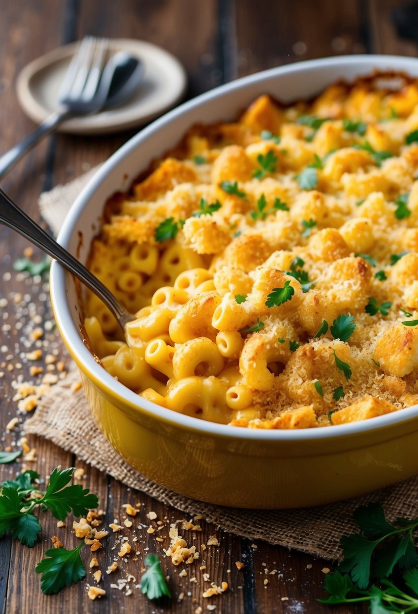 A bubbling casserole dish of mac n cheese sits on a wooden table, surrounded by scattered breadcrumbs and a sprinkle of fresh herbs