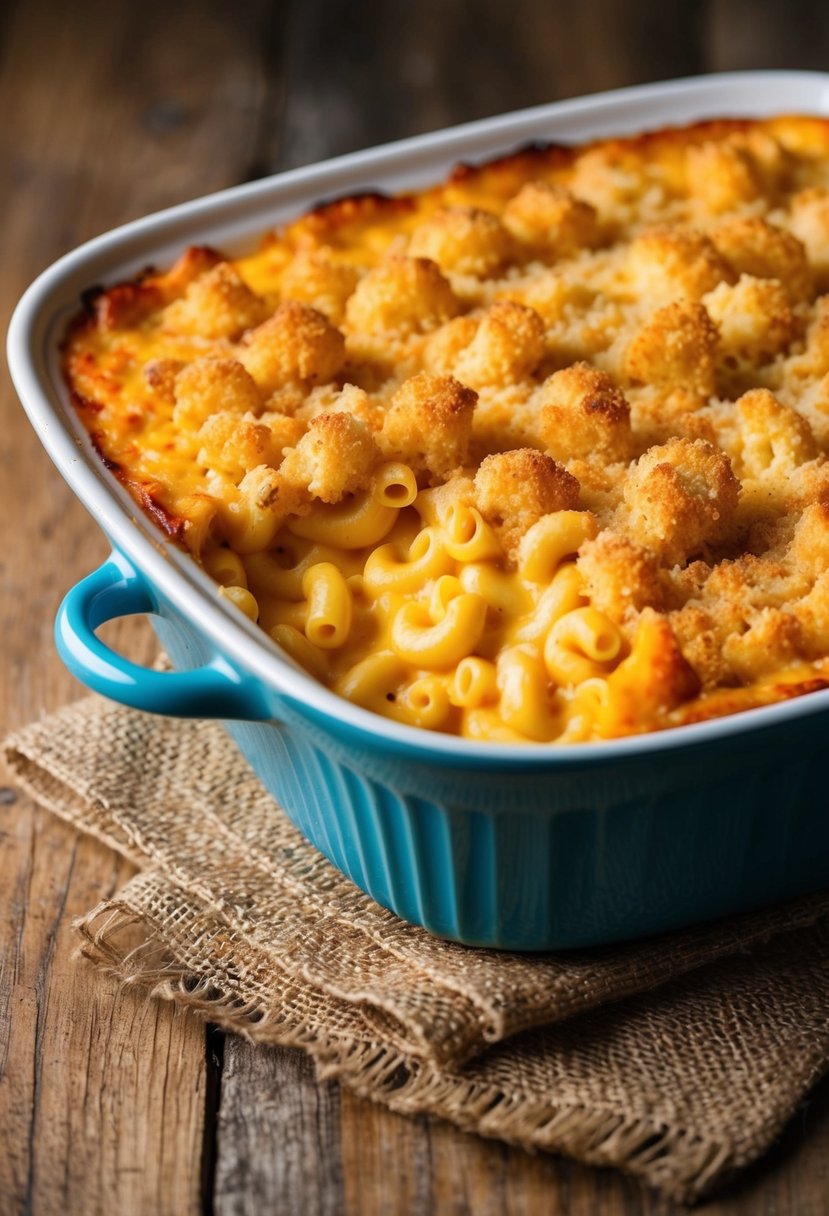 A bubbling casserole dish of classic cheddar mac and cheese, topped with a golden breadcrumb crust, sits on a rustic wooden table