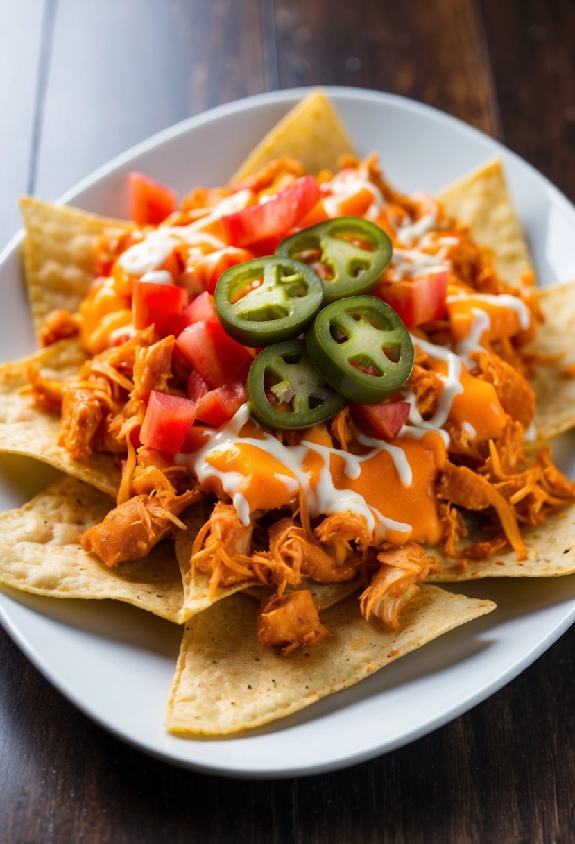 A plate of loaded nachos topped with shredded buffalo chicken, melted cheese, diced tomatoes, and sliced jalapenos