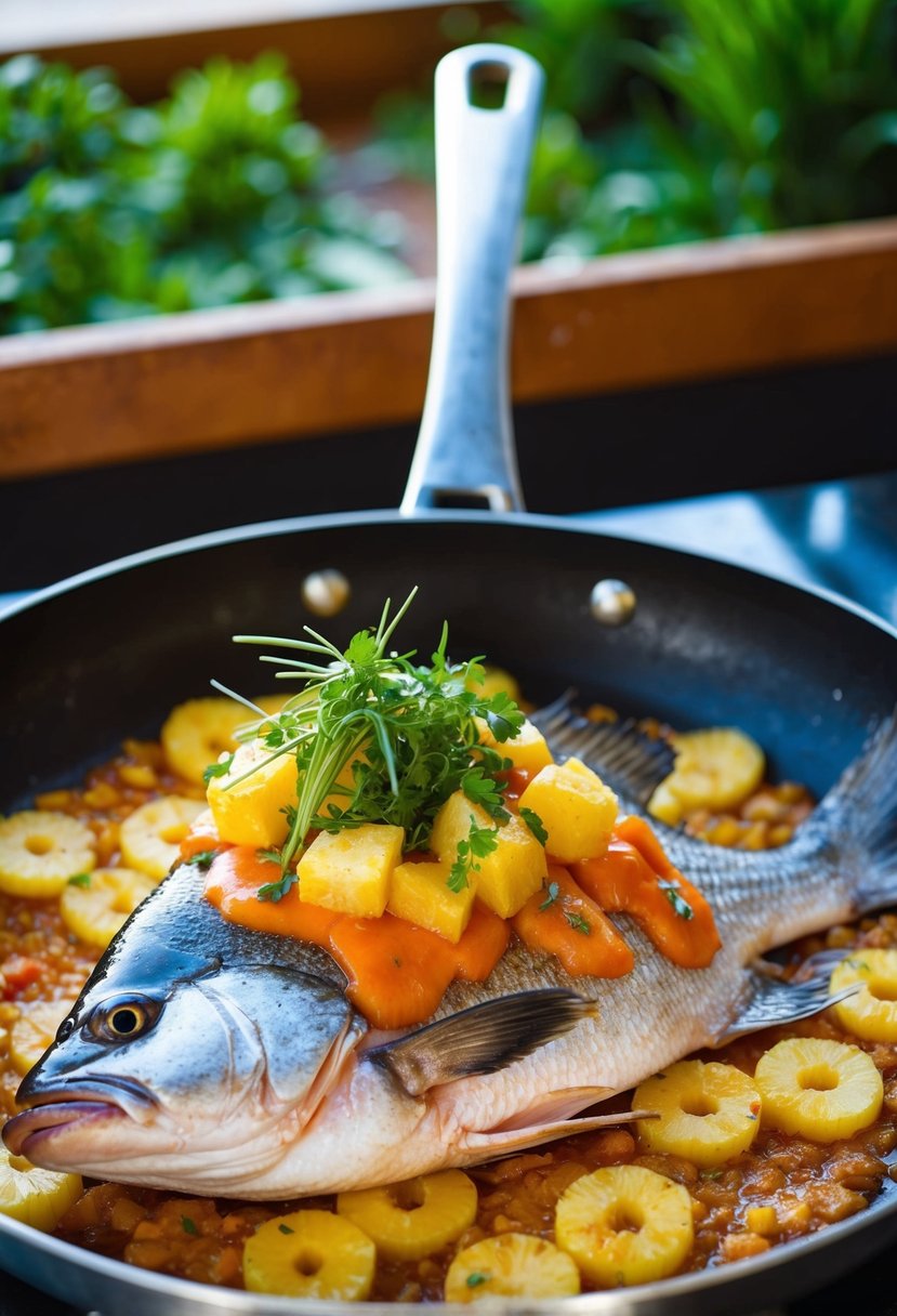 A whole red snapper sizzling in a pan, golden and crispy, topped with a vibrant pineapple sauce and garnished with fresh herbs