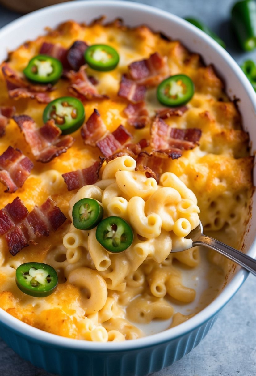 A bubbling casserole dish filled with creamy mac n cheese, topped with crispy bacon and sliced jalapeños