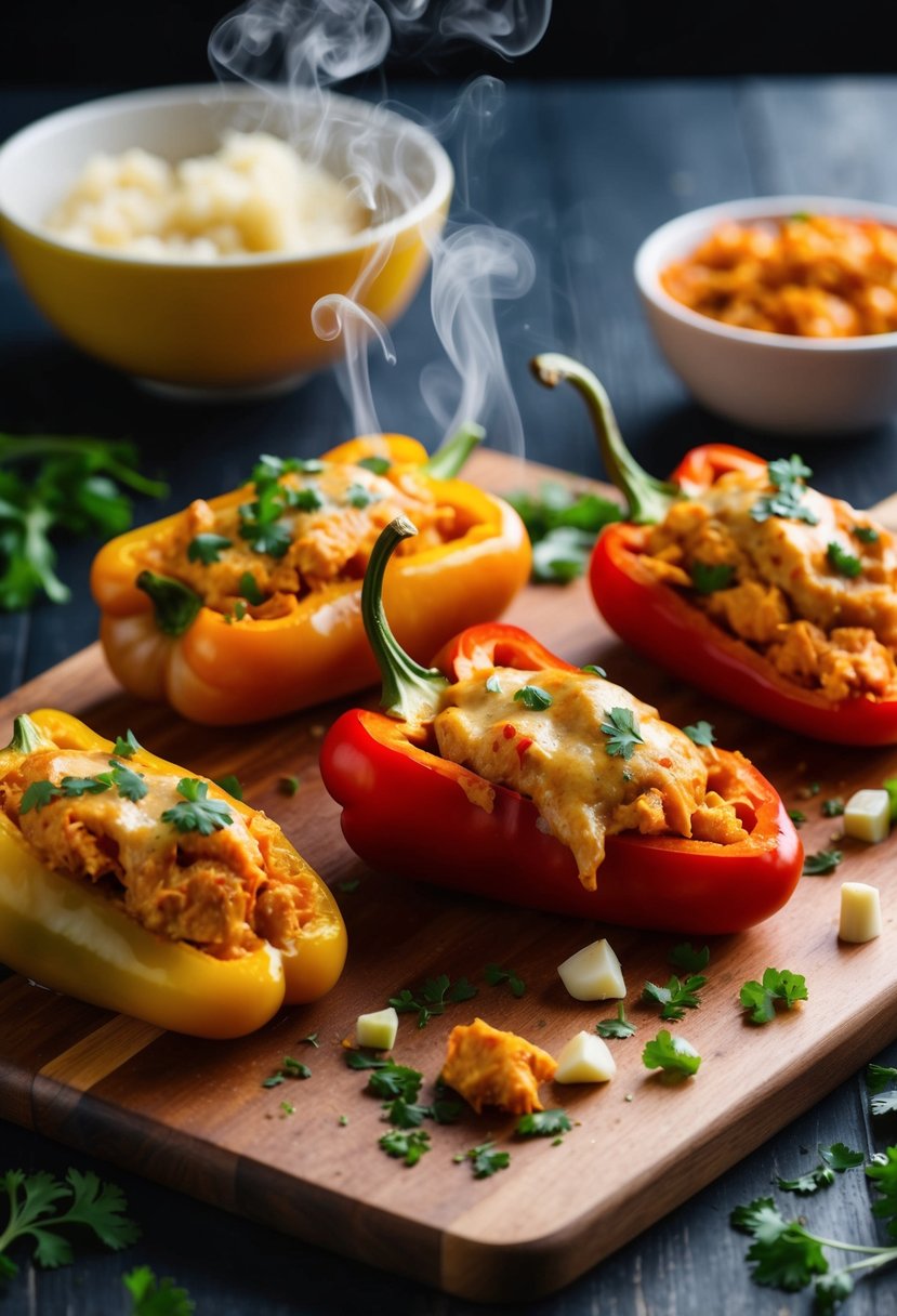 Buffalo chicken stuffed peppers on a wooden cutting board with ingredients scattered around. Steam rising from the hot peppers