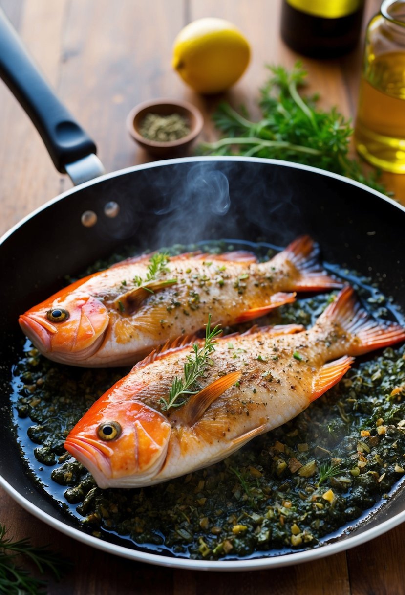 A sizzling red snapper fillet is being fried in a skillet with Mediterranean herbs and spices, creating a mouthwatering aroma