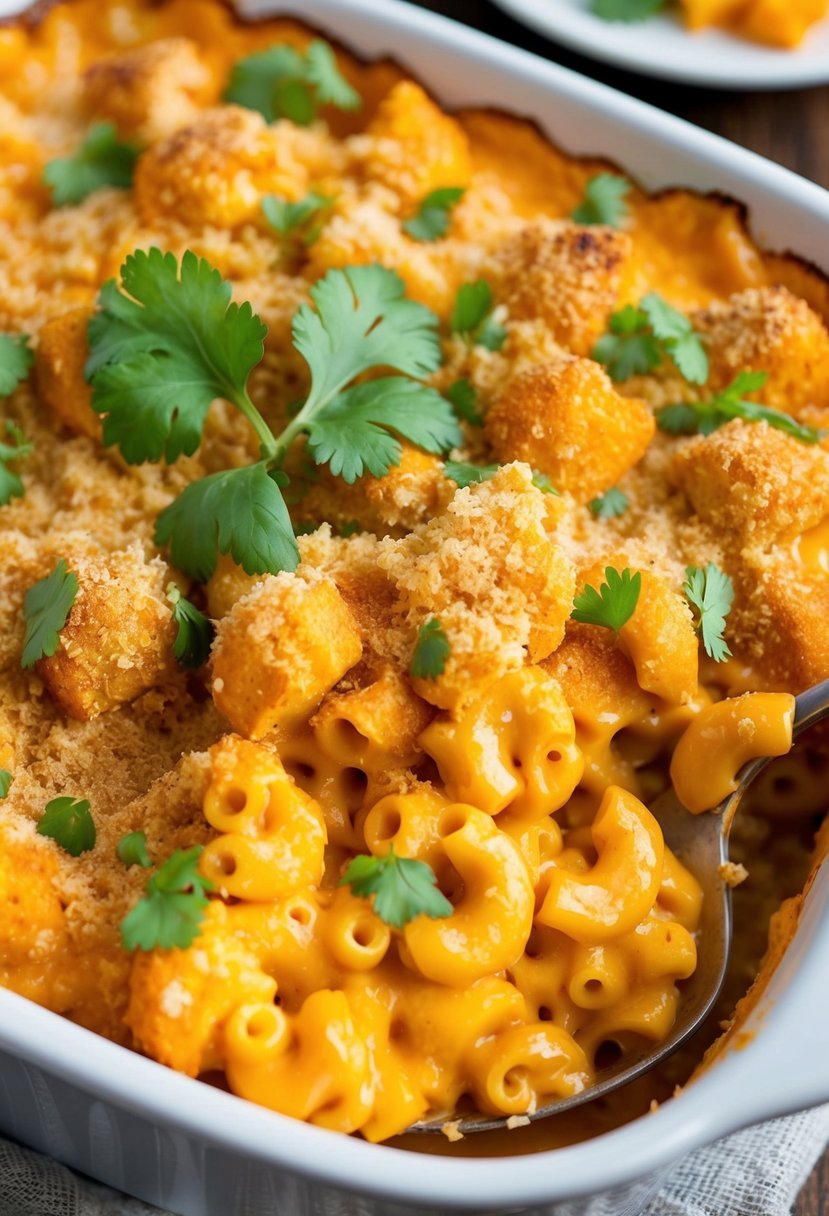 A bubbling casserole dish of buffalo chicken mac n cheese, topped with golden breadcrumbs and garnished with fresh cilantro