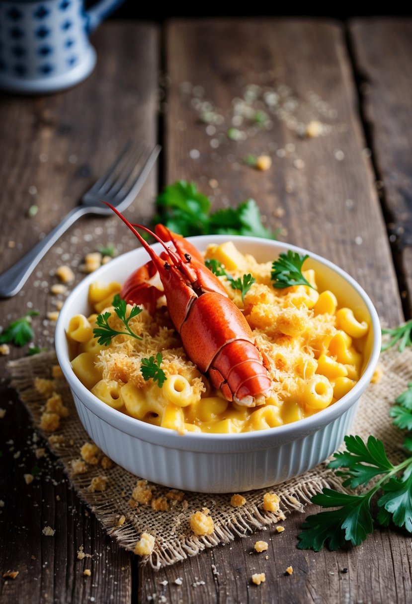 A steaming lobster mac and cheese casserole sits on a rustic wooden table, surrounded by scattered breadcrumbs and sprigs of fresh parsley