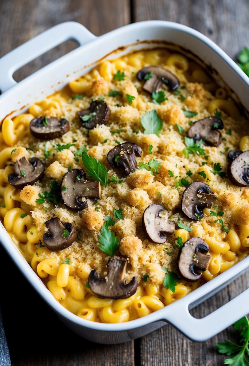 A bubbling casserole dish of truffle mushroom mac n cheese, garnished with fresh herbs and breadcrumbs, sitting on a rustic wooden table