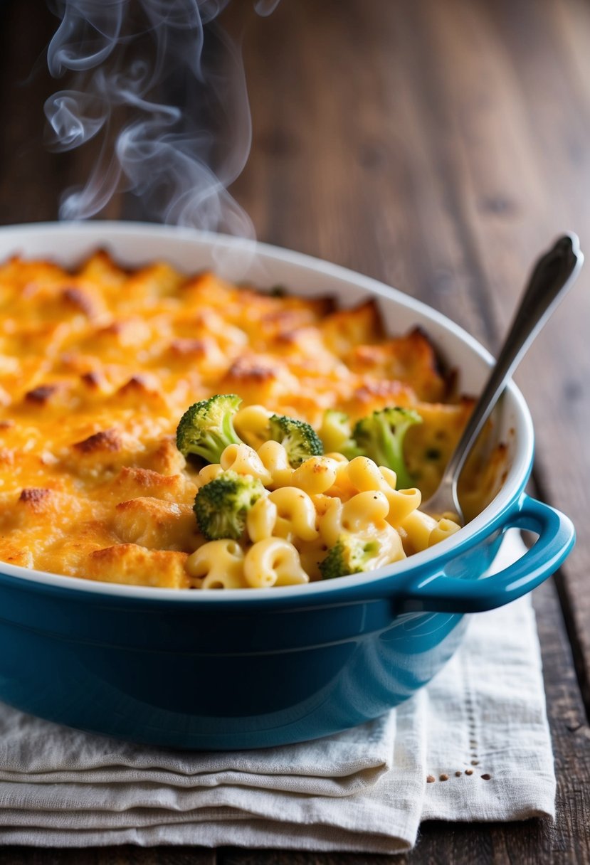 A steaming casserole dish of Broccoli Cheddar Bake mac n cheese, bubbling and golden brown from the oven