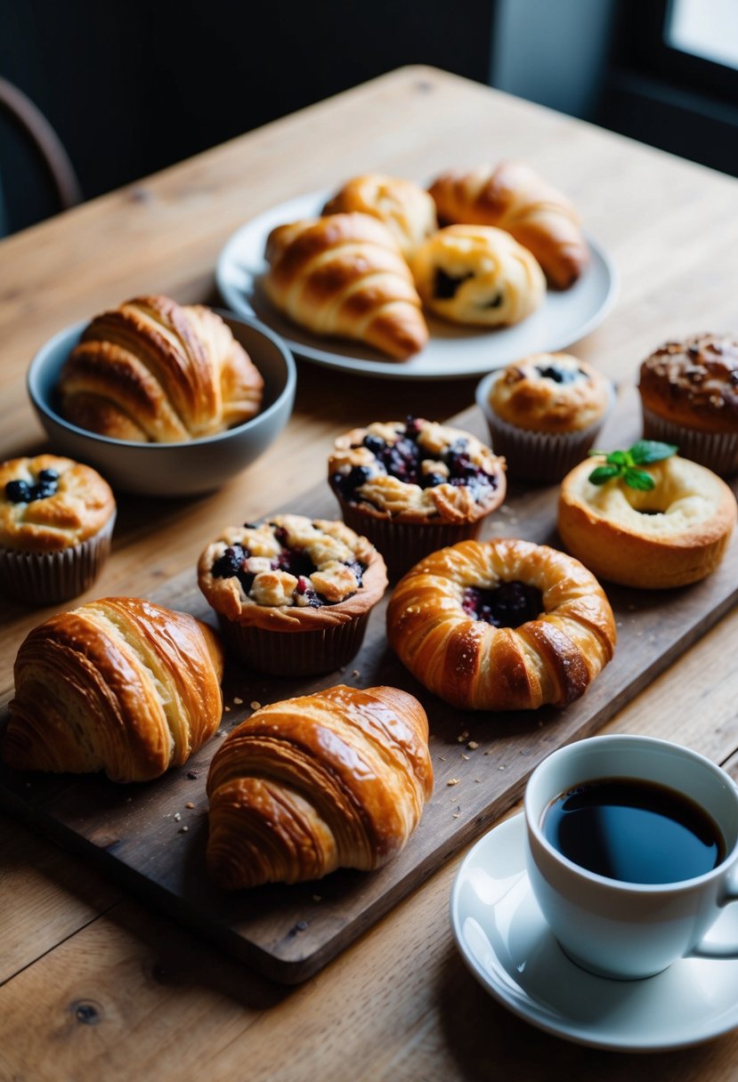 A table with a variety of freshly baked pastries, including croissants, muffins, and danishes, arranged on a rustic wooden cutting board with a cup of coffee