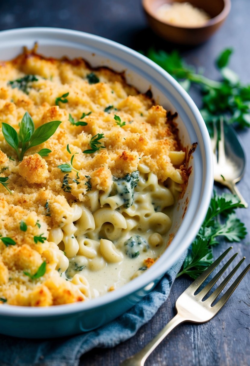 A bubbling casserole dish filled with creamy spinach and artichoke mac n cheese, topped with golden breadcrumbs and fresh herbs