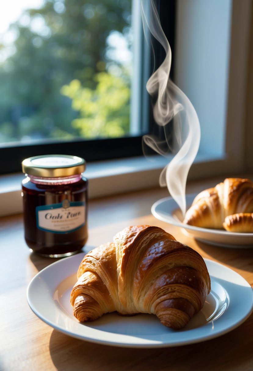 A table set with a plate of golden-brown croissants, a jar of jam, and a steaming cup of coffee. Sunlight streams through a window, casting a warm glow on the scene