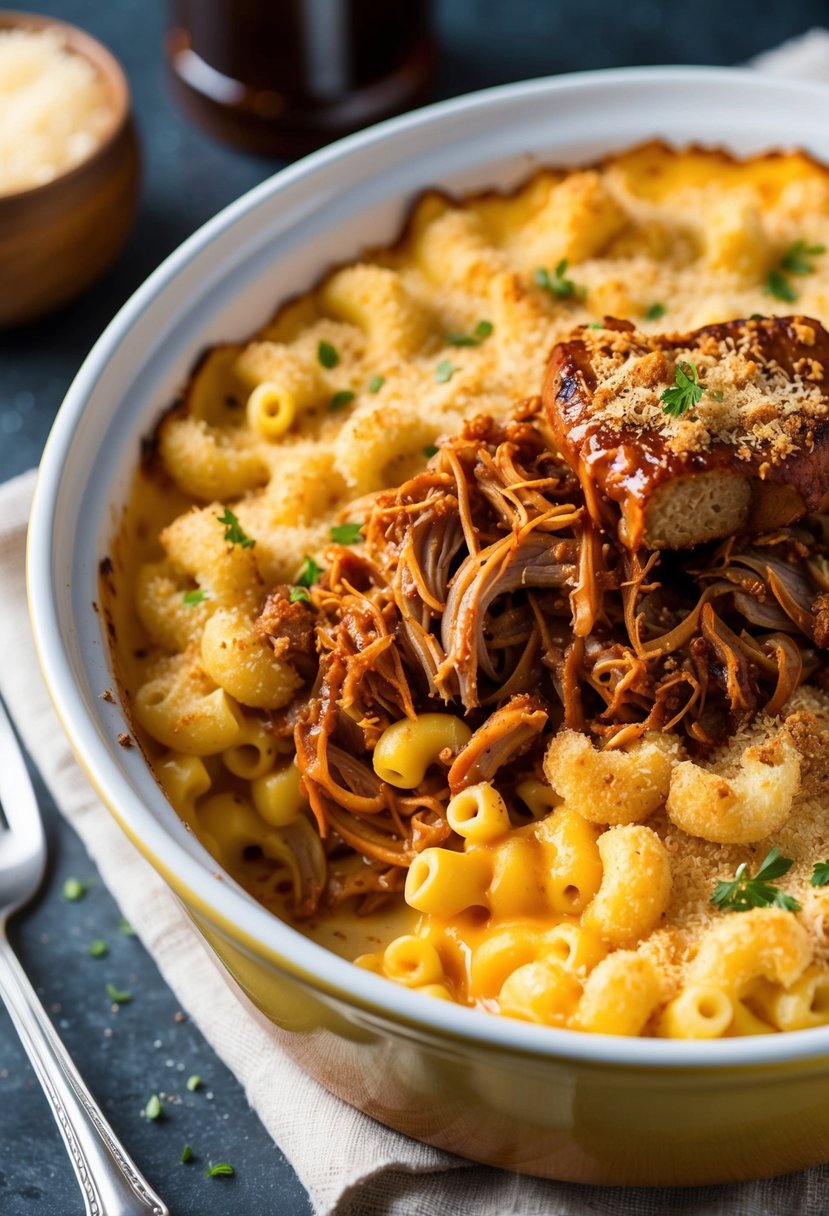 A bubbling casserole dish filled with creamy mac and cheese, topped with tender BBQ pulled pork and sprinkled with crispy breadcrumbs