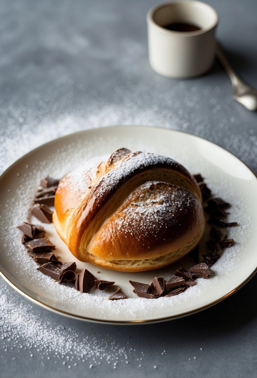 A golden-brown pain au chocolat sits on a delicate plate, surrounded by a scattering of chocolate shavings and a dusting of powdered sugar