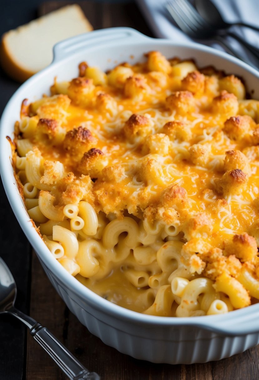 A bubbling casserole dish filled with creamy mac n cheese topped with a golden, crispy layer of melted four cheeses