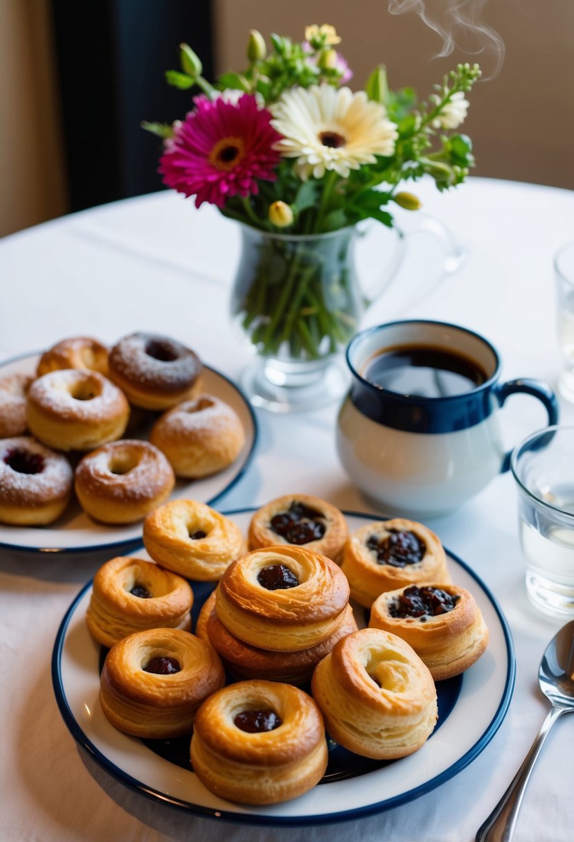 A table set with a variety of freshly baked Danish pastries, accompanied by a pot of steaming coffee and a vase of fresh flowers