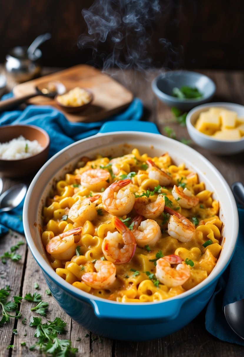 A steaming casserole dish of Cajun Shrimp Mac and Cheese sits on a rustic wooden table, surrounded by scattered ingredients and kitchen utensils