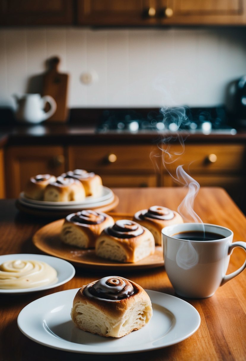 A warm kitchen with a wooden table set with freshly baked cinnamon rolls, a plate of icing, and a steaming cup of coffee