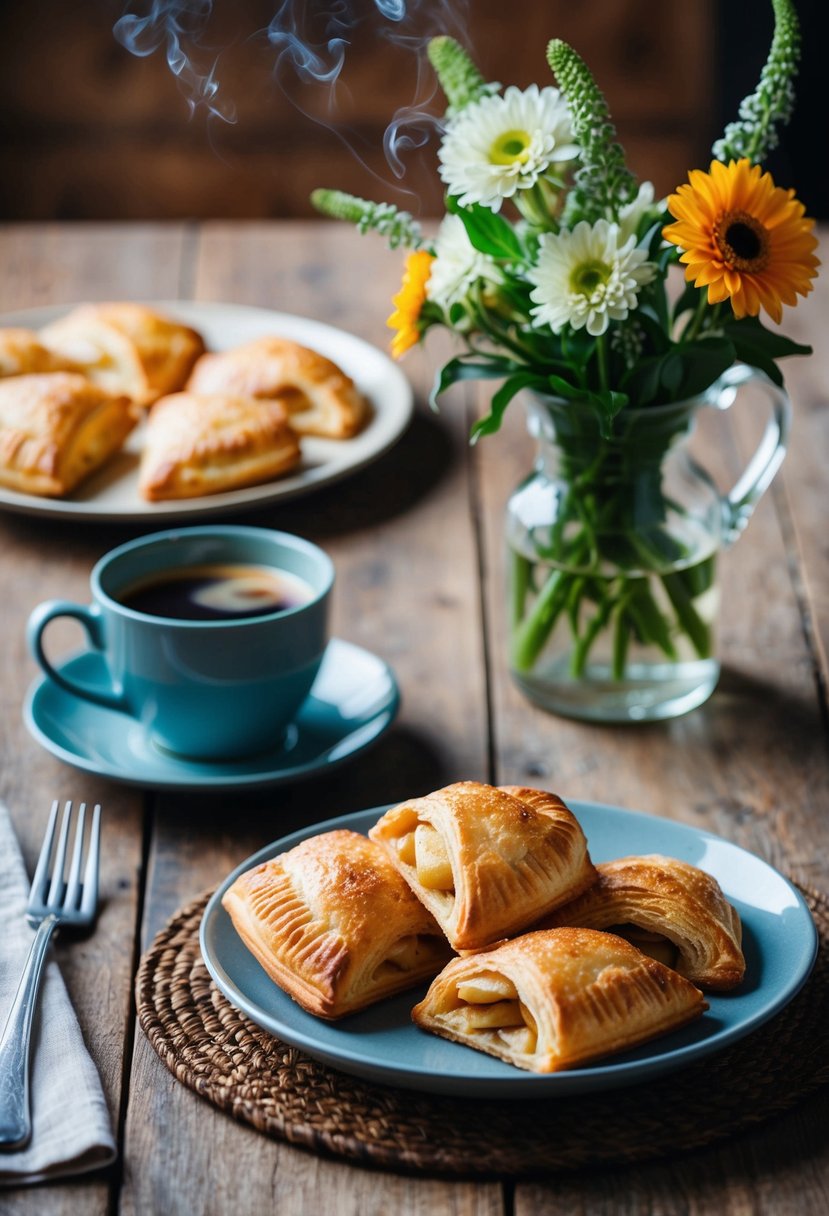 A rustic kitchen table with a plate of golden-brown apple turnovers, a steaming cup of coffee, and a vase of fresh flowers