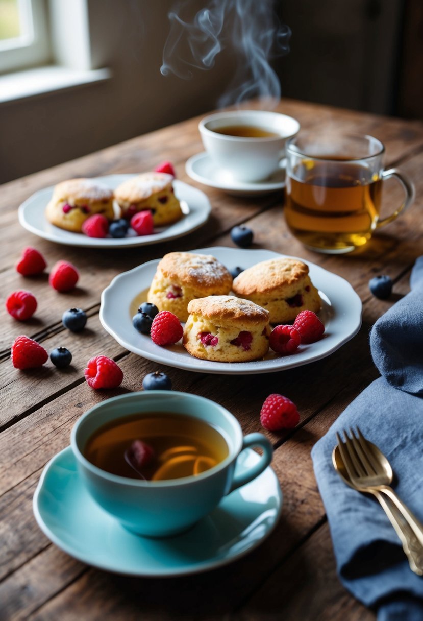 A rustic kitchen table displays a plate of golden-brown raspberry scones, surrounded by fresh berries and a steaming cup of tea