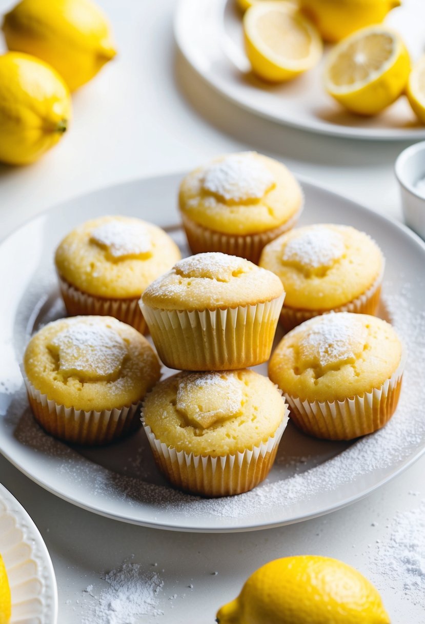 A plate of Lemon Drizzle Muffins surrounded by fresh lemons and a scattering of powdered sugar, set against a bright, sunny breakfast table