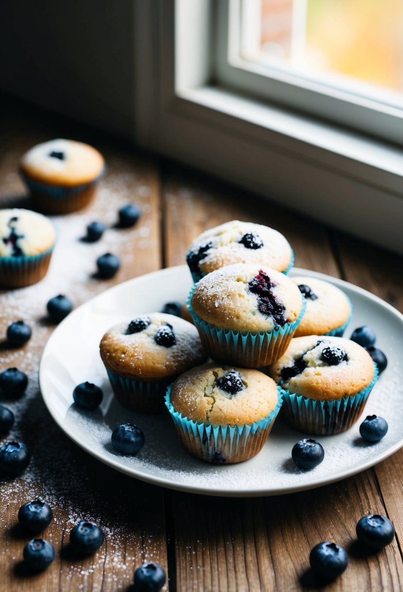 A plate of freshly baked blueberry muffins sits on a rustic wooden table, surrounded by scattered blueberries and a dusting of powdered sugar. Sunlight streams in through a nearby window, casting a warm glow over the scene