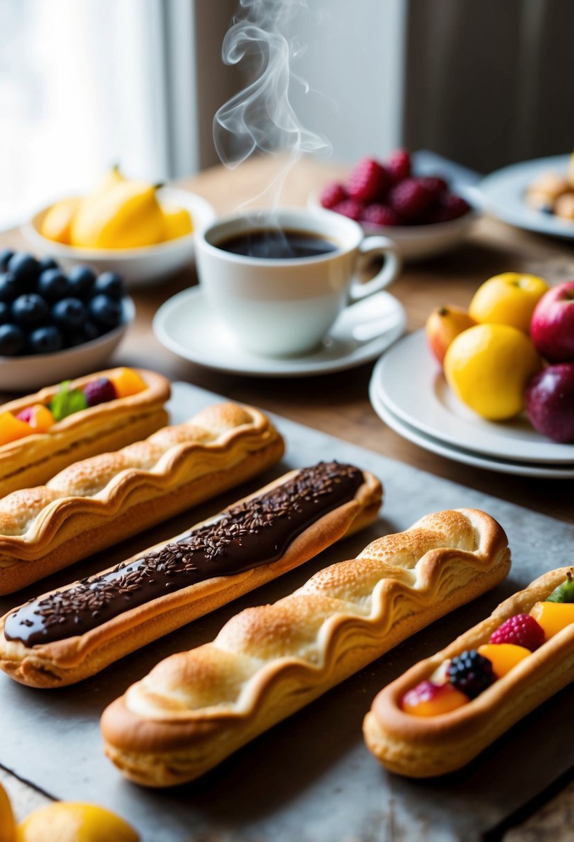 A table set with a variety of freshly baked eclairs, surrounded by colorful fruits and a steaming cup of coffee