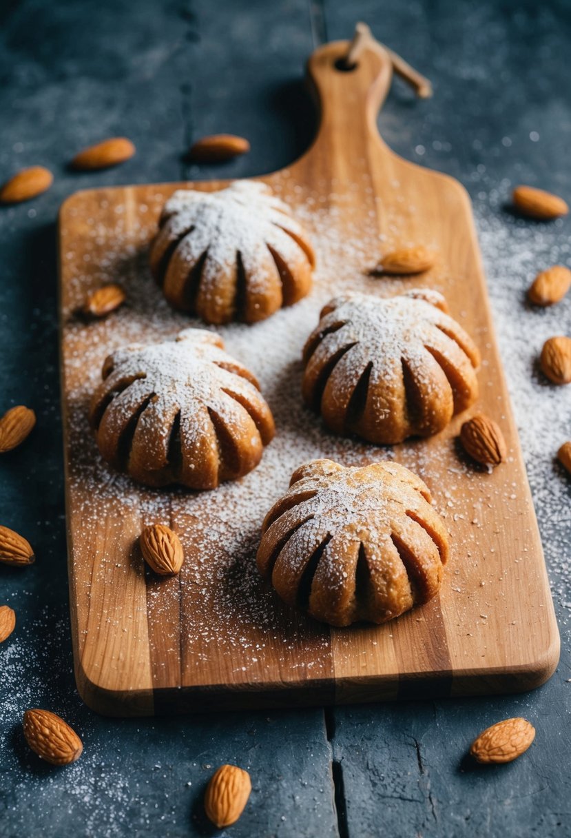 A rustic kitchen counter with freshly baked almond bear claws on a wooden cutting board, surrounded by scattered almond slices and a dusting of powdered sugar