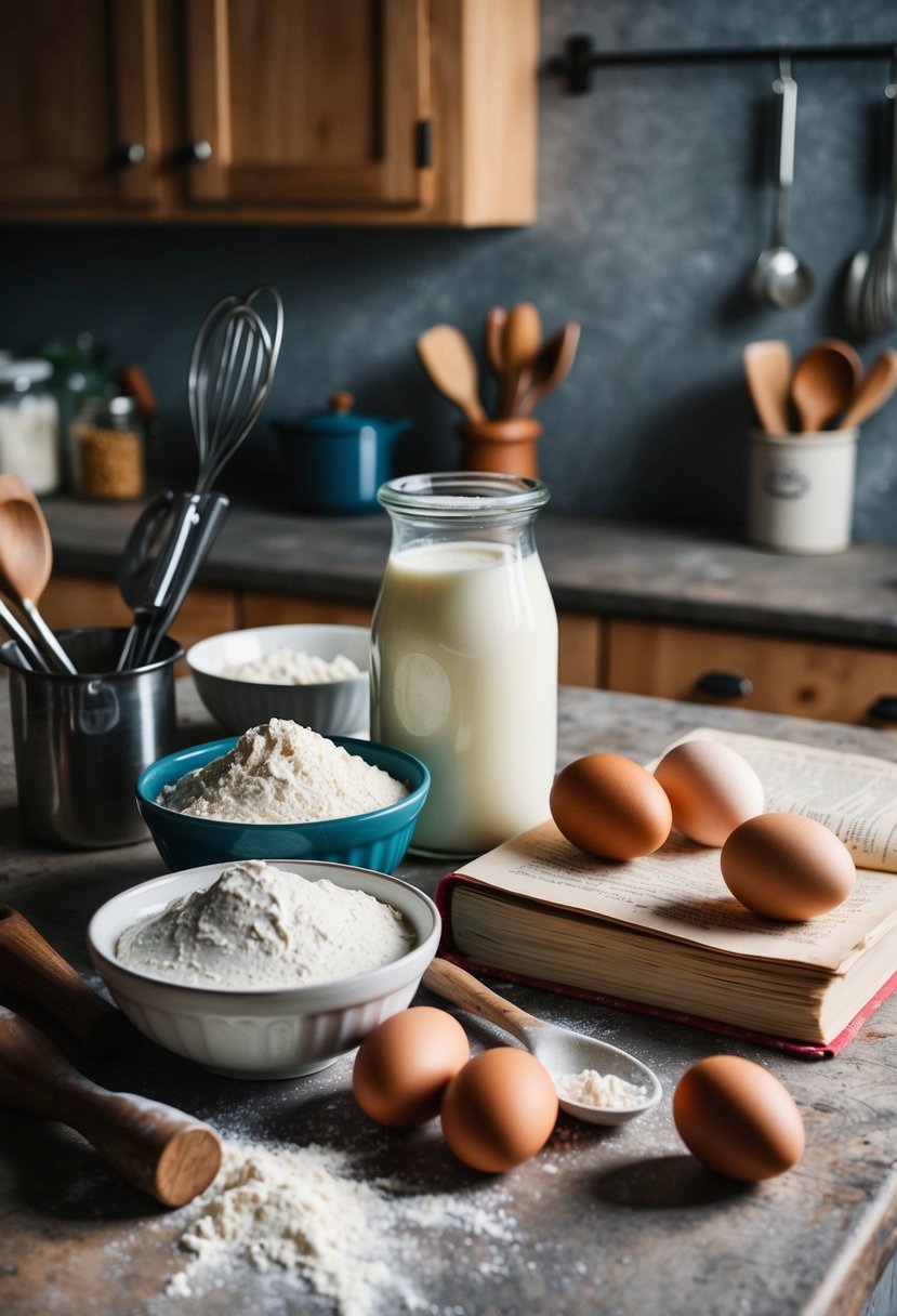 A rustic kitchen counter with a bowl of buttermilk, flour, and eggs, surrounded by vintage cooking utensils and a recipe book