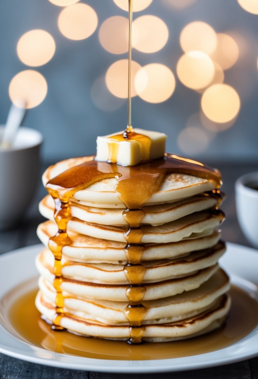 A stack of fluffy buttermilk pancakes topped with a dollop of butter and drizzled with maple syrup on a white plate